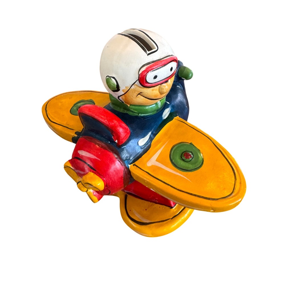 Vintage Style Ceramic Airplane Pilot Piggy Bank‎ Nursery Decor Yellow Colorful